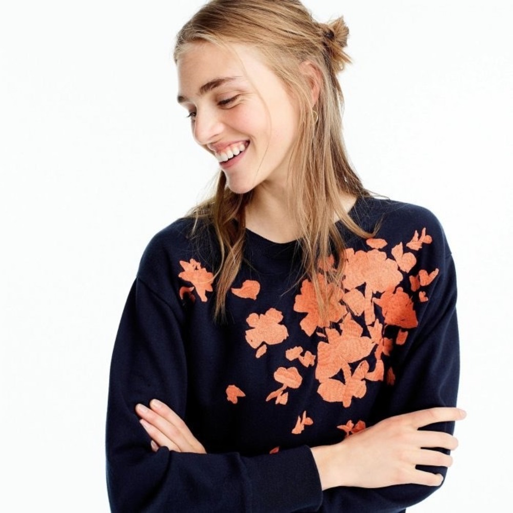 J.Crew Navy Blue Floral Embroidered Sweatshirt H2092 Orange Flowers XS